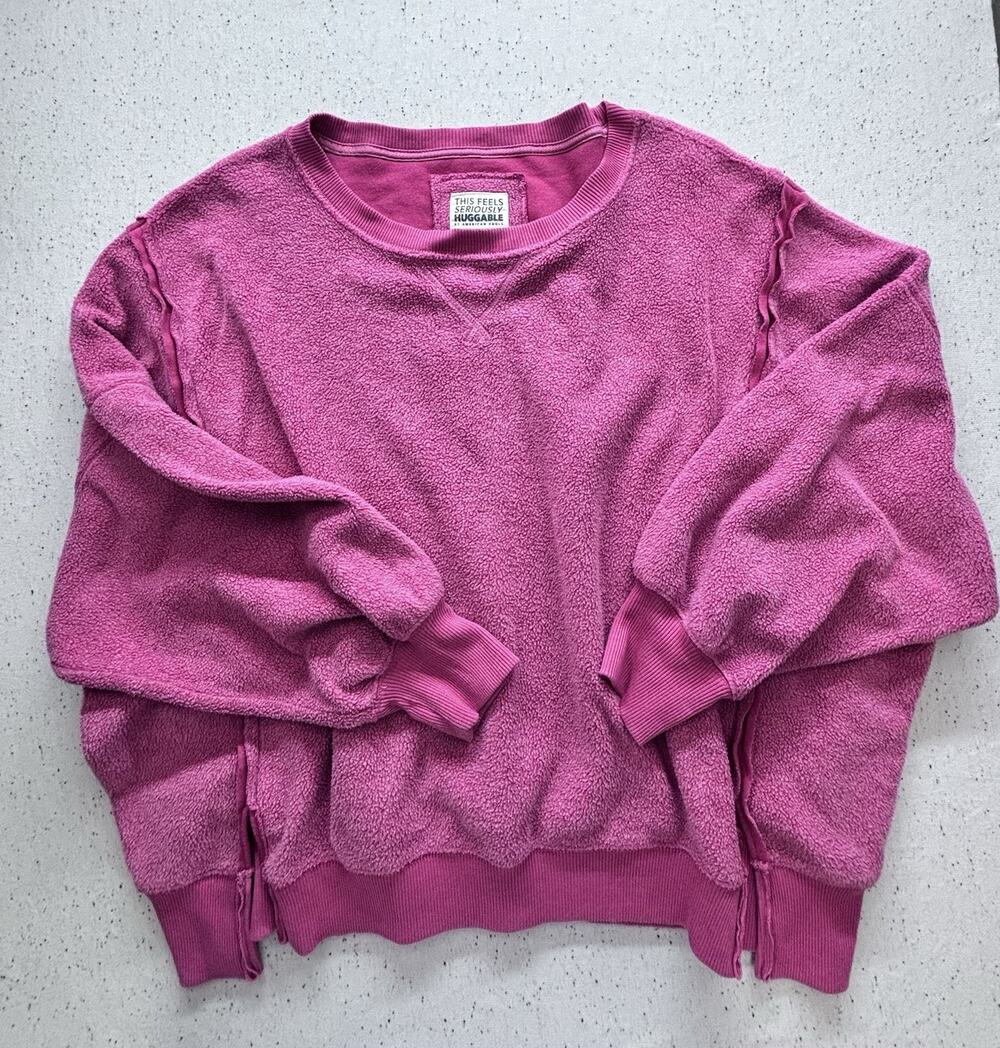 American Eagle Huggable Fleece Sweatshirt M Pink Oversized Reverse Seam Pullover
